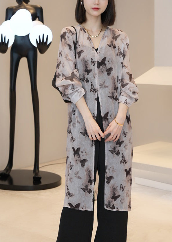 Light Brown V Neck Print Long Cardigan Summer