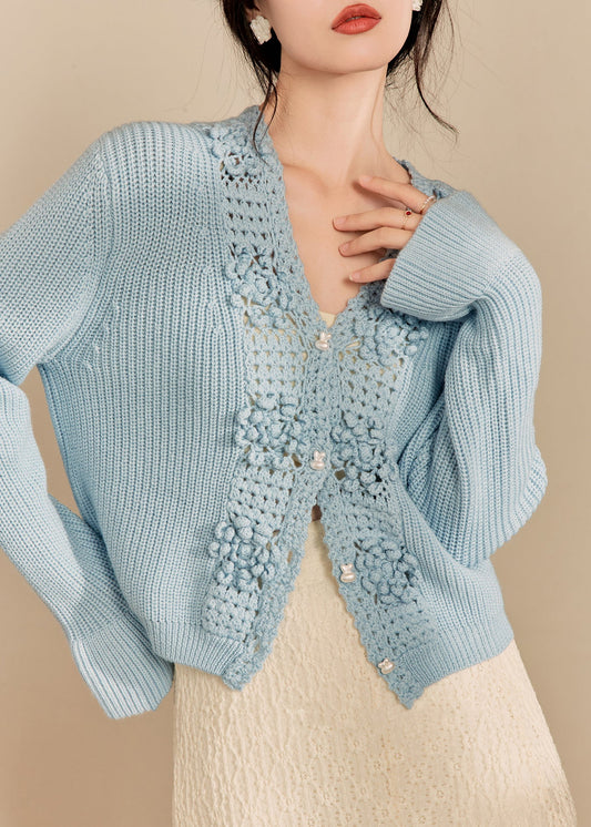 Blue V Neck Hollow Out Knit Cardigan Fall