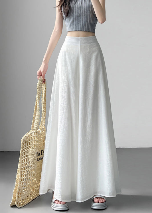 Classy White Elastic Waist Draping Linen Silk Wide Leg Pants Summer