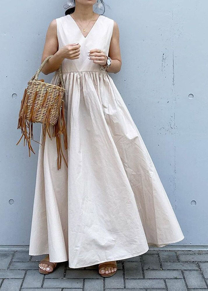 Beige V Neck Patchwork Cotton Holiday Dress Sleeveless