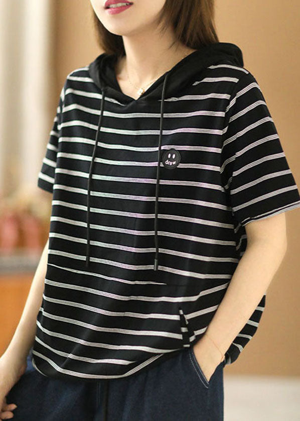 Navy Striped Drawstring Hooded Cotton Pullover Short Sleeve