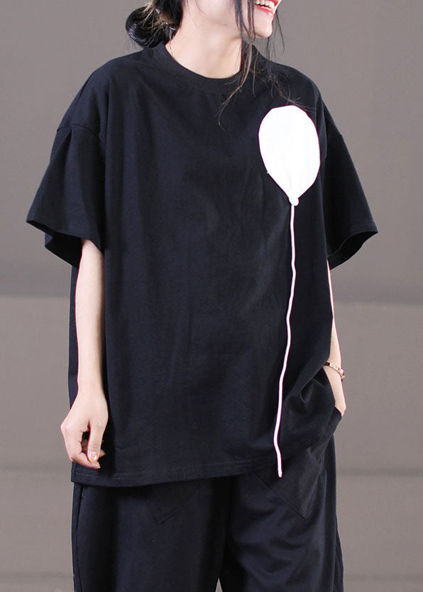 Black O-neck Patchwork Cotton Tanks Short Sleeve