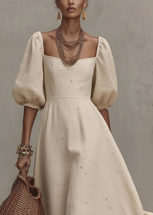 Loose Beige Square Collar Print Long Dress Short Sleeve