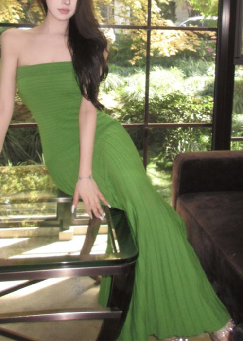 New Green Strapless Wrinkled Knitting Cotton Long Dresses Sleeveless
