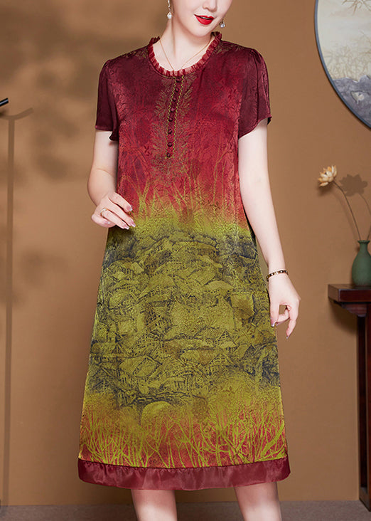 Red Print Pockets Silk Dress O-neck Short Sleeve