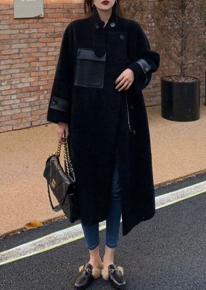 Black Pockets Zippered Patchwork Teddy Coats Fall