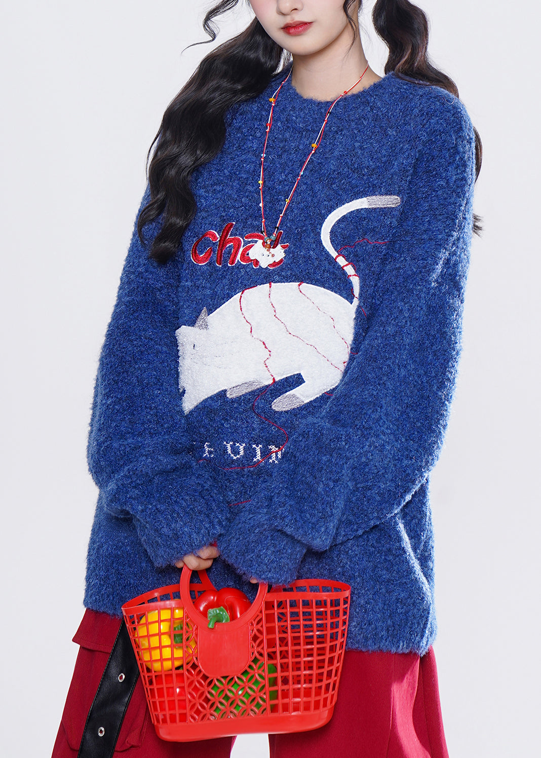 French Blue Embroidered Cat Knit Tops Winter