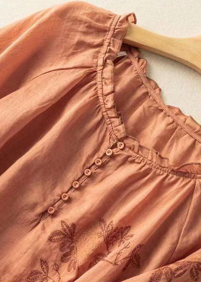 Orange Patchwork Linen T Shirt Embroideried O-neck Half Sleeve