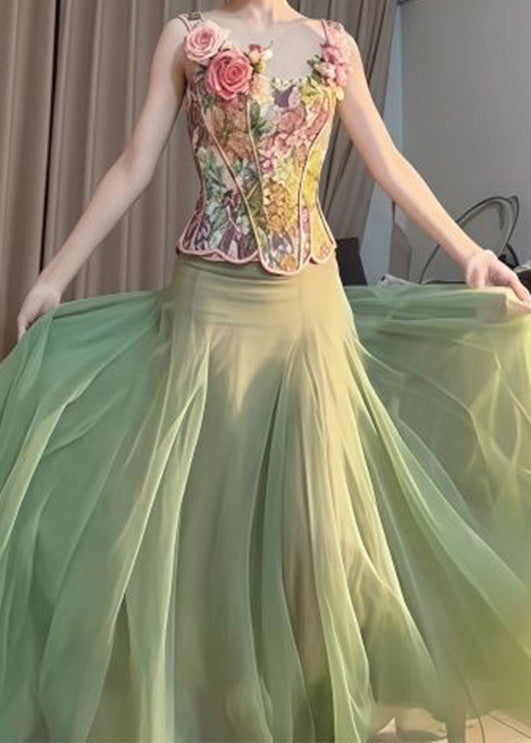 Green Tops and Skirts Tulle Two Pieces Set Summer