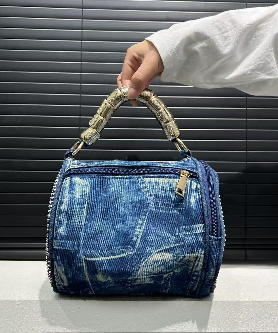 Blue Rivet Zircon Denim Tote Handbag