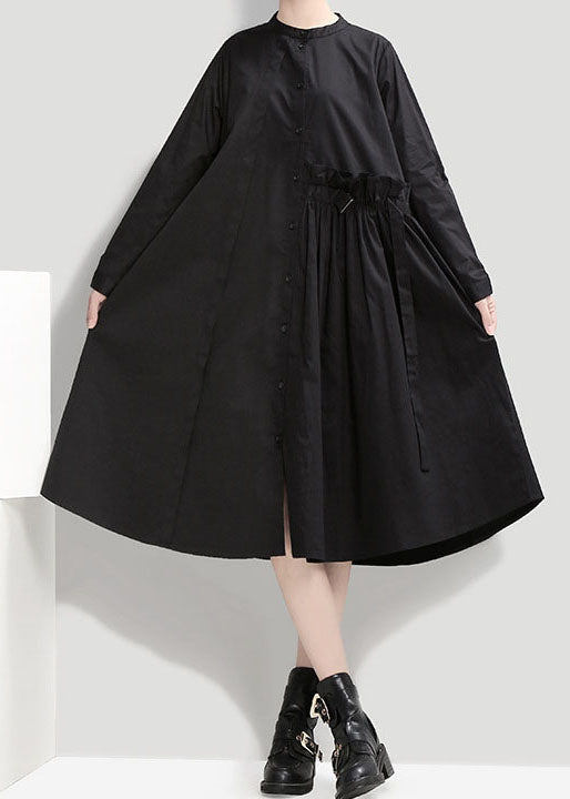 Black Loose Shirt Dresses Patchwork Ruffled Spring