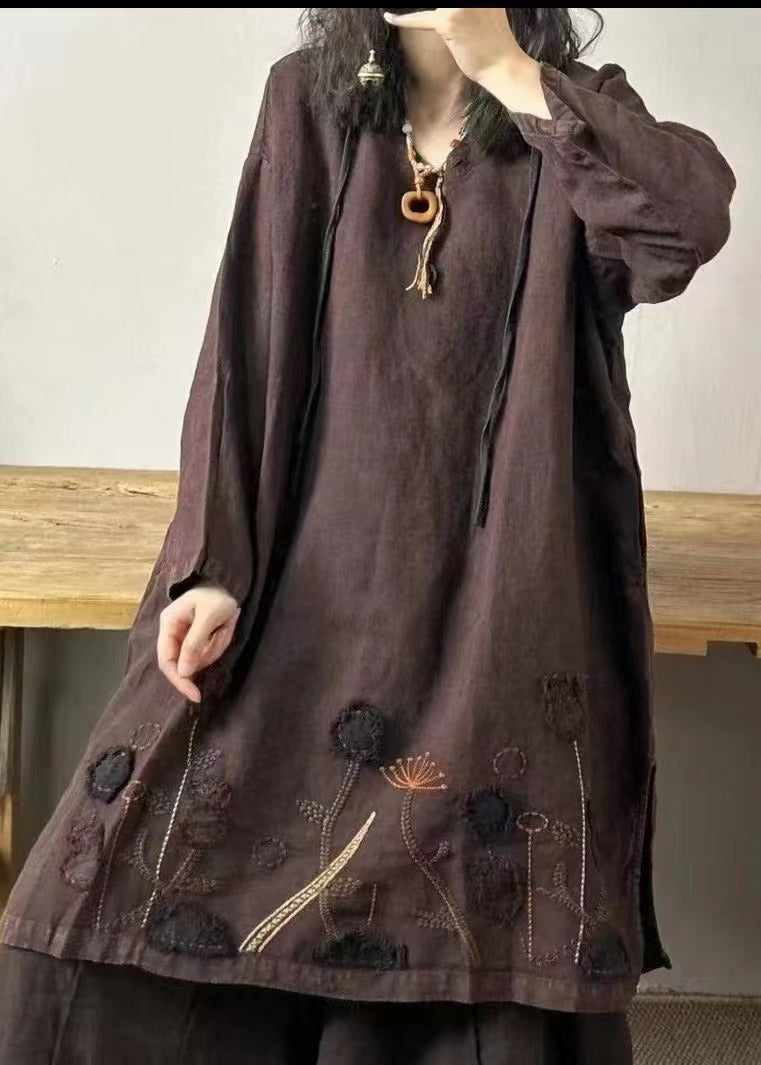 Black Flower V Neck Embroidered Patchwork Linen Mid Dresses Fall