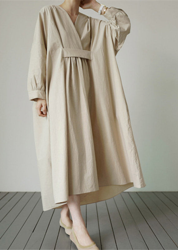 Beige V Neck Wrinkled Cotton Dress Long Sleeve