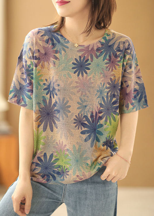 Diy Khaki O-neck Print Linen Knit Tanks Short Sleeve