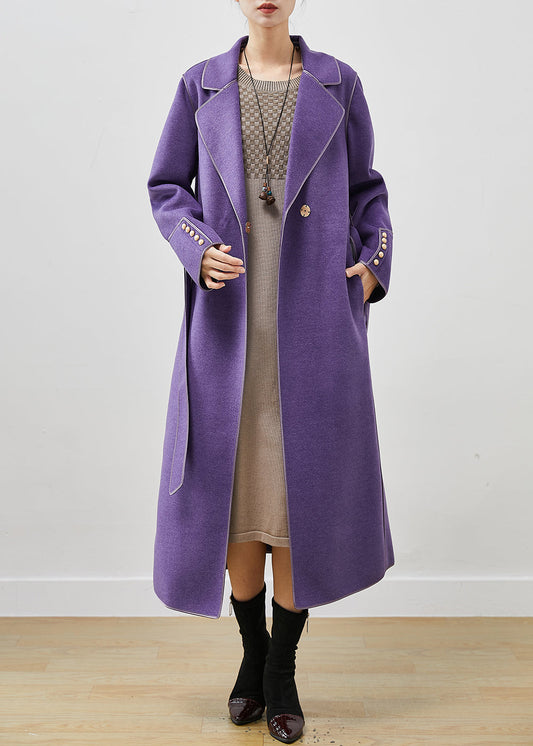 Purple Peter Pan Collar Tie Waist Woolen Coats Fall