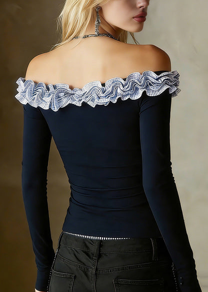 Slim Fit Navy Ruffled Patchwork Top Spring