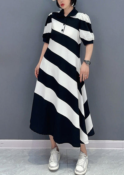 Black White Striped Peter Pan Collar Patchwork Long Dress Short Sleeve