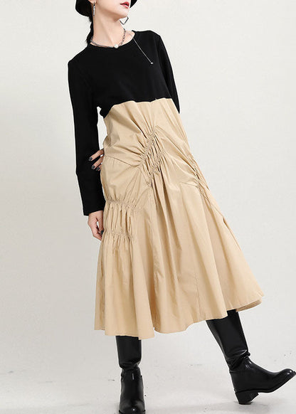 Loose Black Patchwork Khaki Wrinkled Fall Maxi Dress Long Sleeve