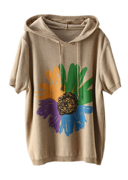 Khaki Print Knit Tank Tops Drawstring Short Sleeve