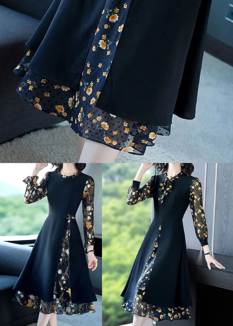 French Black O-neck Ruffled Patchwork Print Chiffon Long Dress Spring