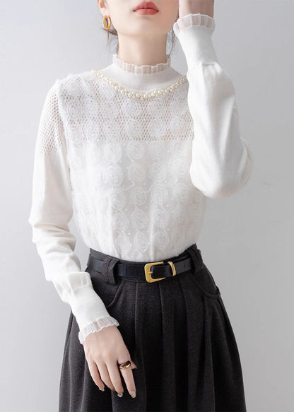 Modern White Ruffled Knit Top Spring