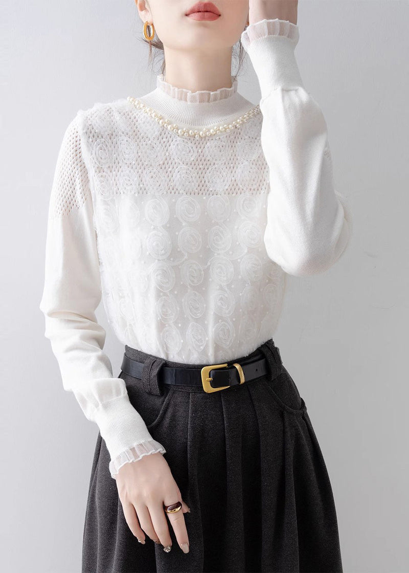 Modern White Ruffled Knit Top Spring