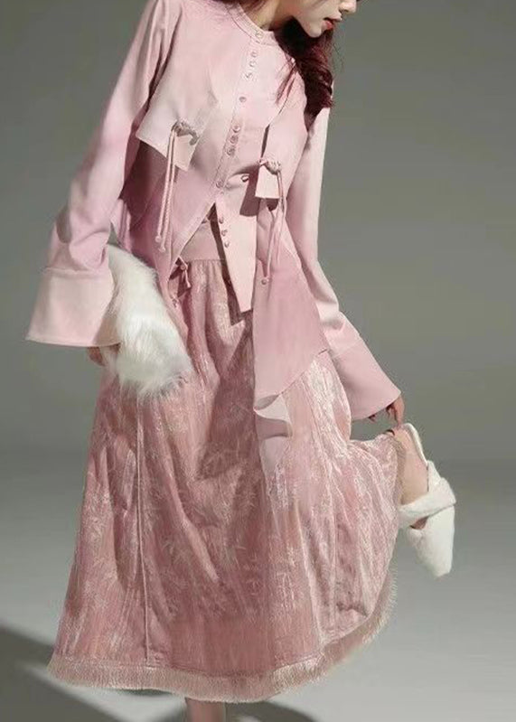 Pink Tulle Patchwork Shirts and Maxi Skirts Two Piece Set Long Sleeve