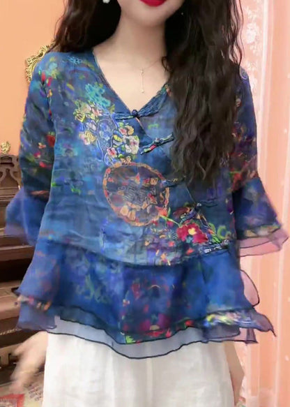 Blue Button Print Tulle Patchwork Blouses Flare Sleeve