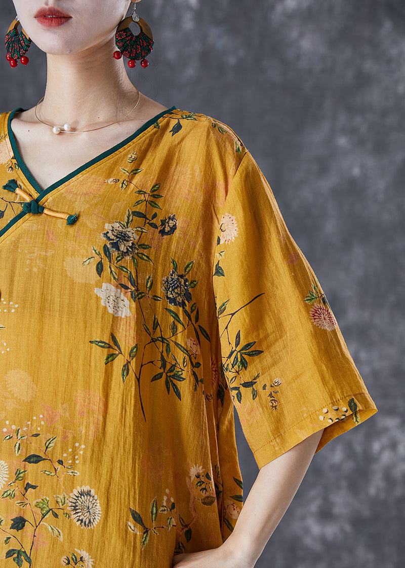 Yellow Tasseled Print Linen Dresses Summer