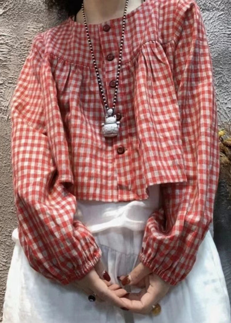 Red Plaid O-neck Button Cotton Shirt Top Long Sleeve