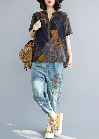 Blue Yellow V Neck Cotton Linen Blouse Tops Summer