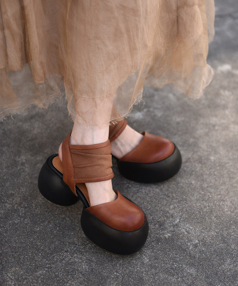 New Black Cowhide Leather Chunky Sandals