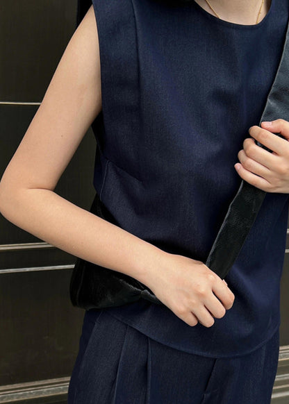 Stylish Navy O-neck Top and Wide Leg Pants Two Pieces Set Summer