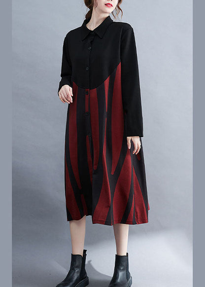 Fine Red Peterpan Collar Patchwork Button Fall Long Sleeve Dress