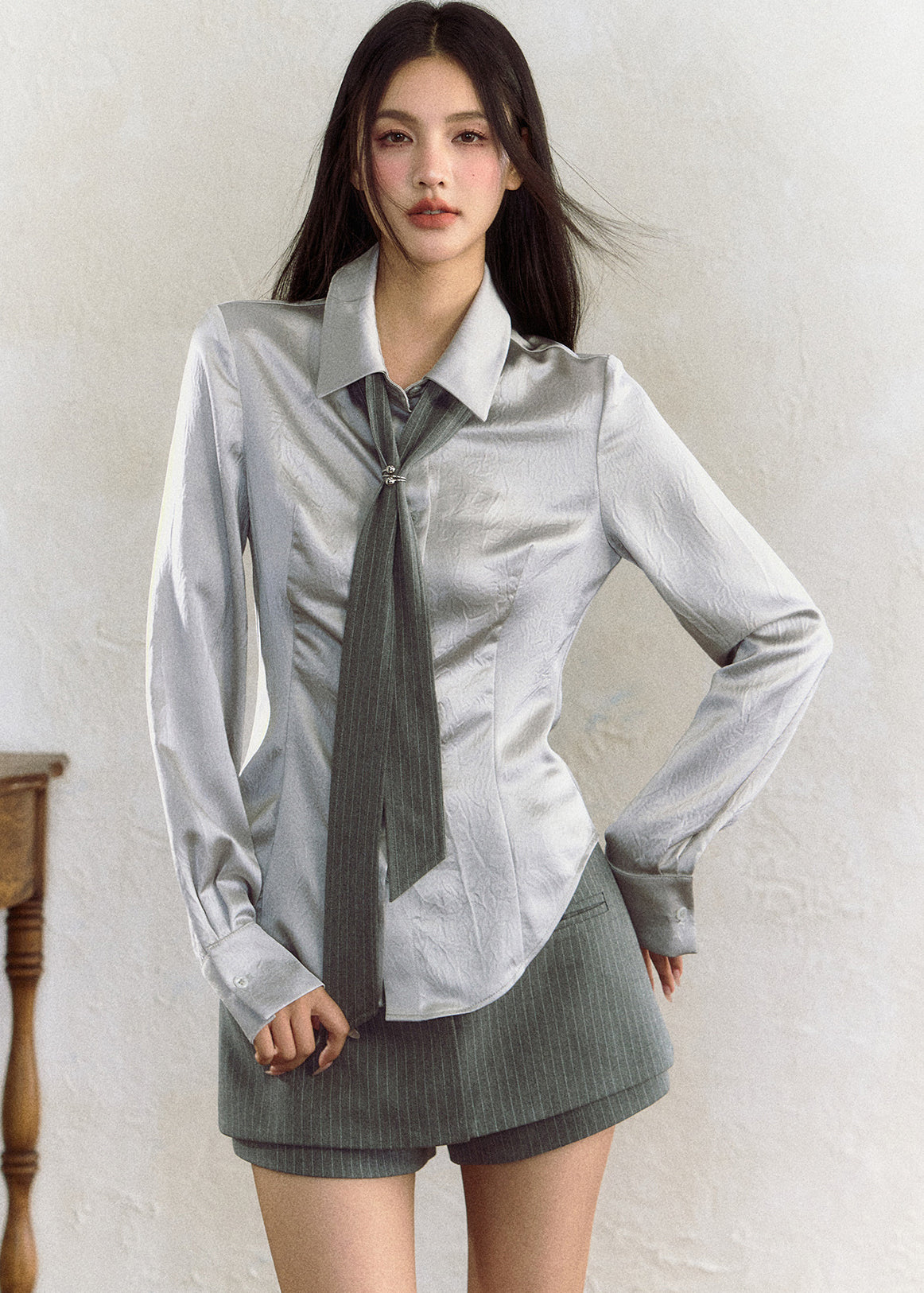 Grey Peter Pan Collar Button Shirt Fall
