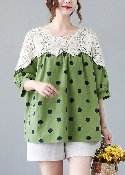 Green O-neck Dot Lace Patchwork Top Summer