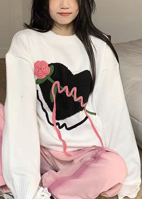 White Patchwork Cozy Knit Sweaters O Neck Heart Fall