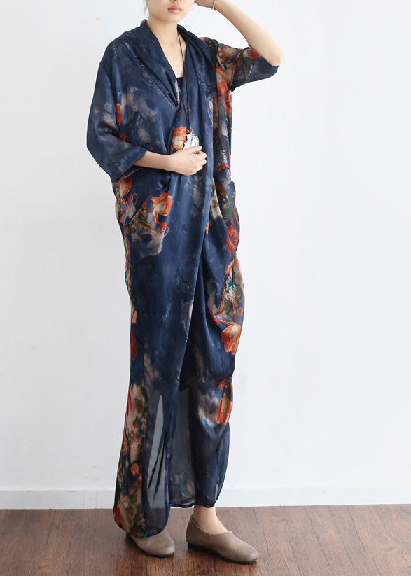 Blue V Neck Asymmetrical Print Chiffon Dress Two Pieces Set Half Sleeve