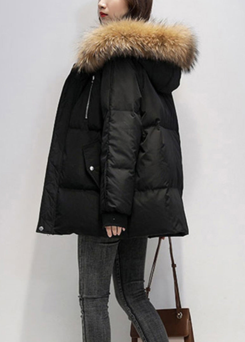 Green Fur Collar Hooded Pockets Fine Cotton Filled Jacket Winter