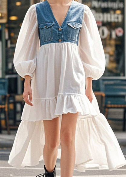 White Puff Sleeve Patchwork Denim Low High Design Cotton Dress Spring