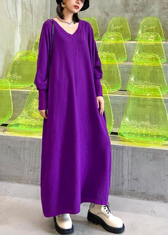 Purple V Neck Loose Fall Vacation Dresses Long Sleeve