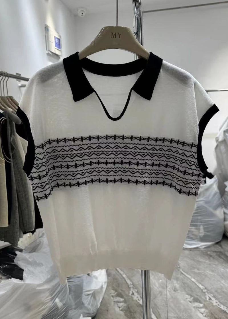 White Peter Pan Collar Print Knit Top Summer