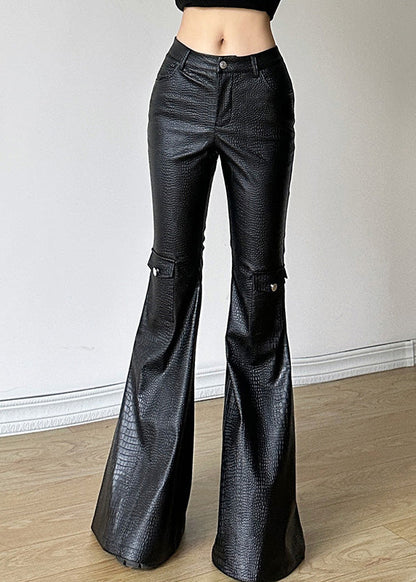 Black Silm Fit With Pockets Faux Leather Flared Trousers Spring