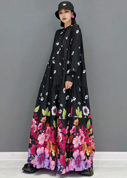 Black Stand Collar Print Cotton Long Dress Long Sleeve