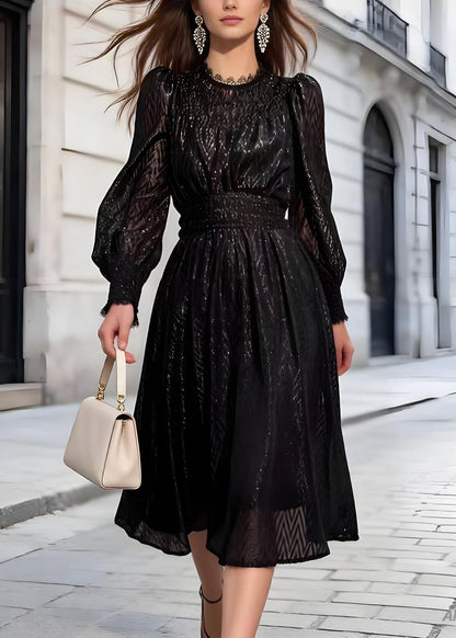 French Black Shiny Thread Lace Patchwork Chiffon Two Pieces Set Fall