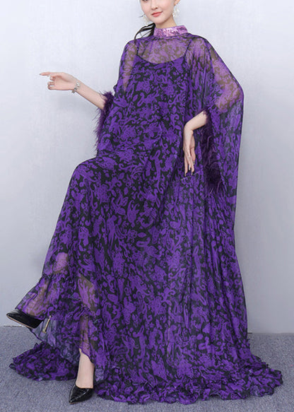 Stylish Purple Turtleneck Print Tulle Patchwork Party Maxi Dress Half Sleeve Fall