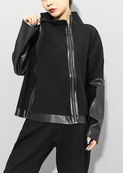 Black Stand Collar Zip Up Faux Leather Patchwork Coat Long Sleeve
