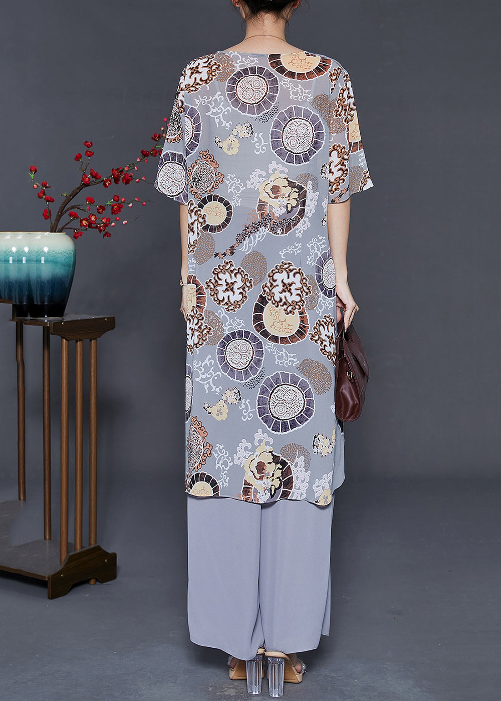 Handmade Grey Ruffled Print Chiffon Two Pieces Set Summer