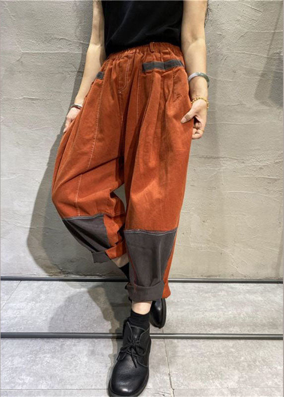 Orange Pockets Cotton Pants Spring