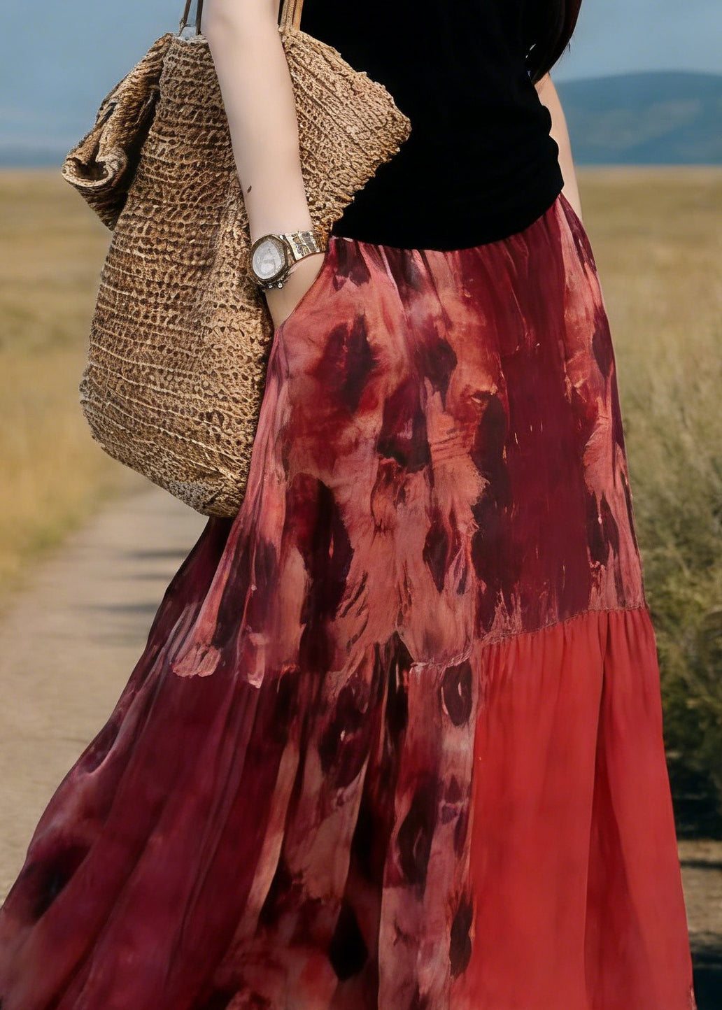 Red Pockets Print Elastic Waist Maxi Skirt Spring